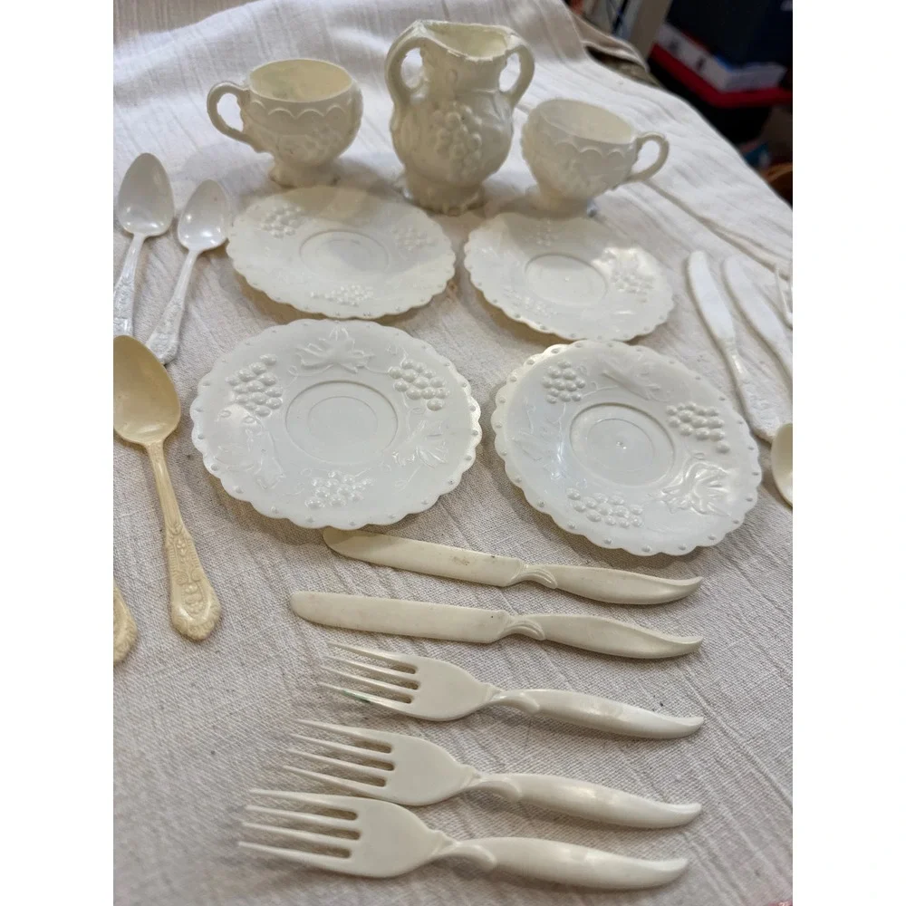 Vintage Toy Tea Set and Play Kitchen Utensils Lot Grape Pattern Plastic Retro